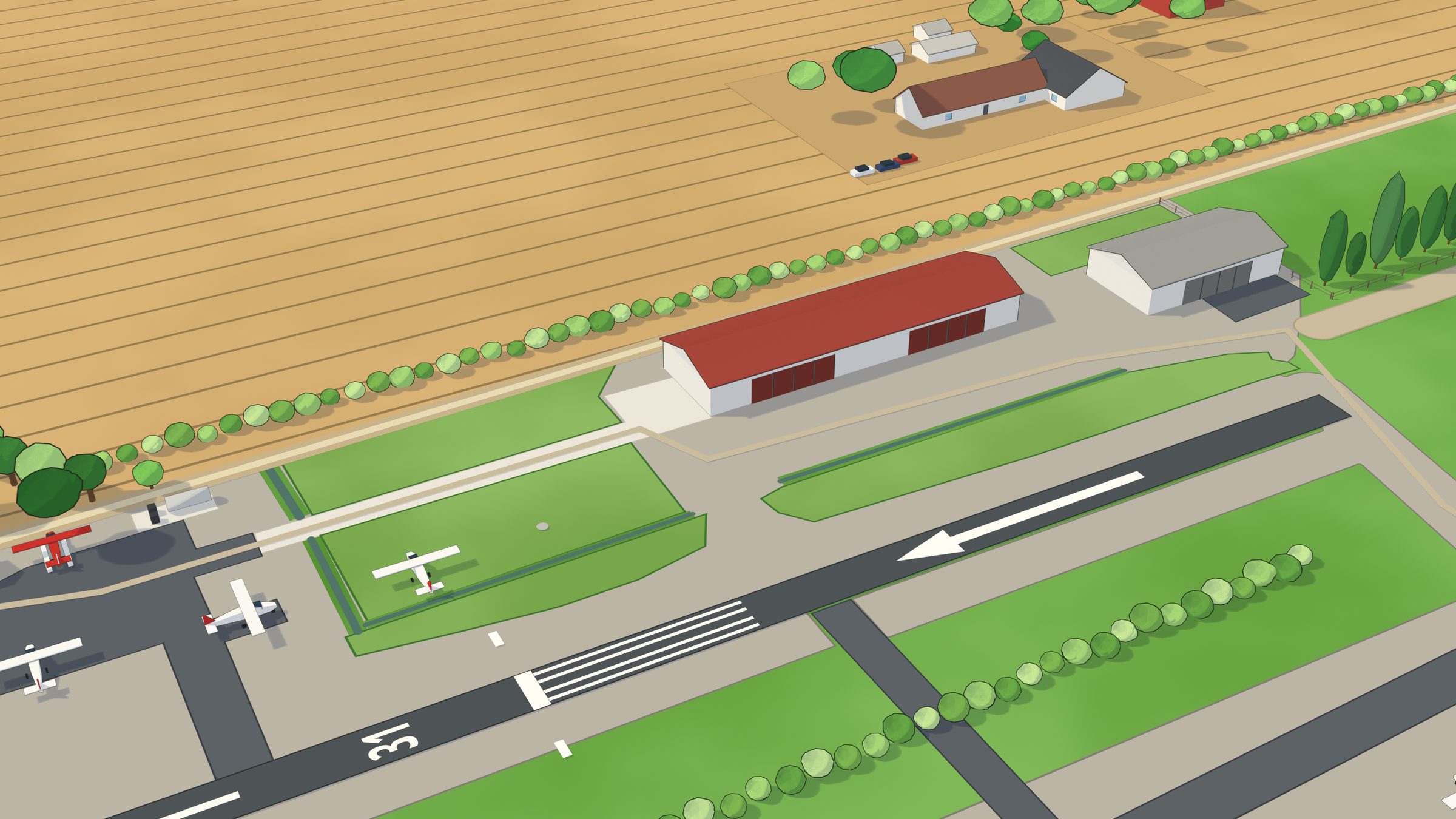 Illustration 3D de l’aire de trafic de CML8 : hangars, aéronefs stationnés et seuil de piste 31.
